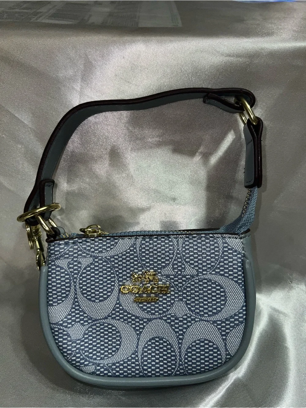 Coach Light Blue Signature Mini Cosmetic Pouch with Gold Logo